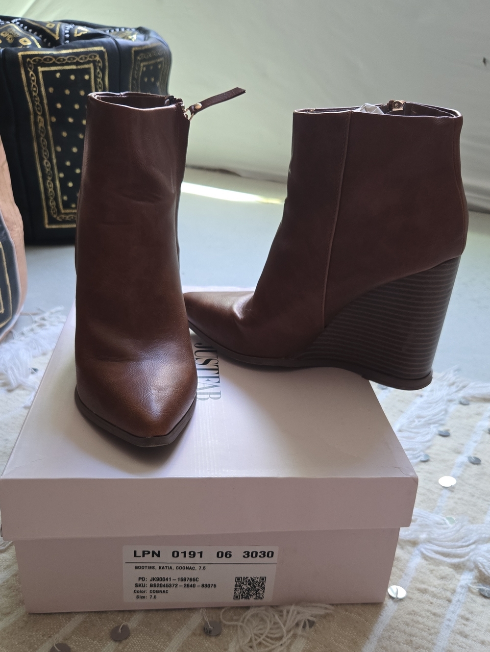 JustFab Cognac Wedge Ankle Boots